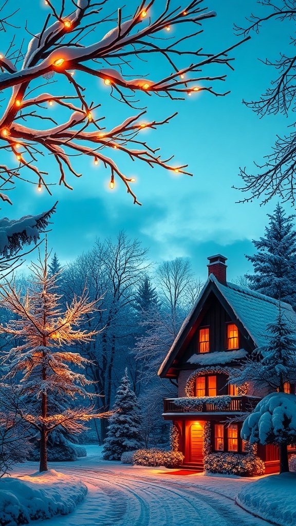 A charming winter landscape with snow-covered trees and a cozy cottage decorated for Christmas.